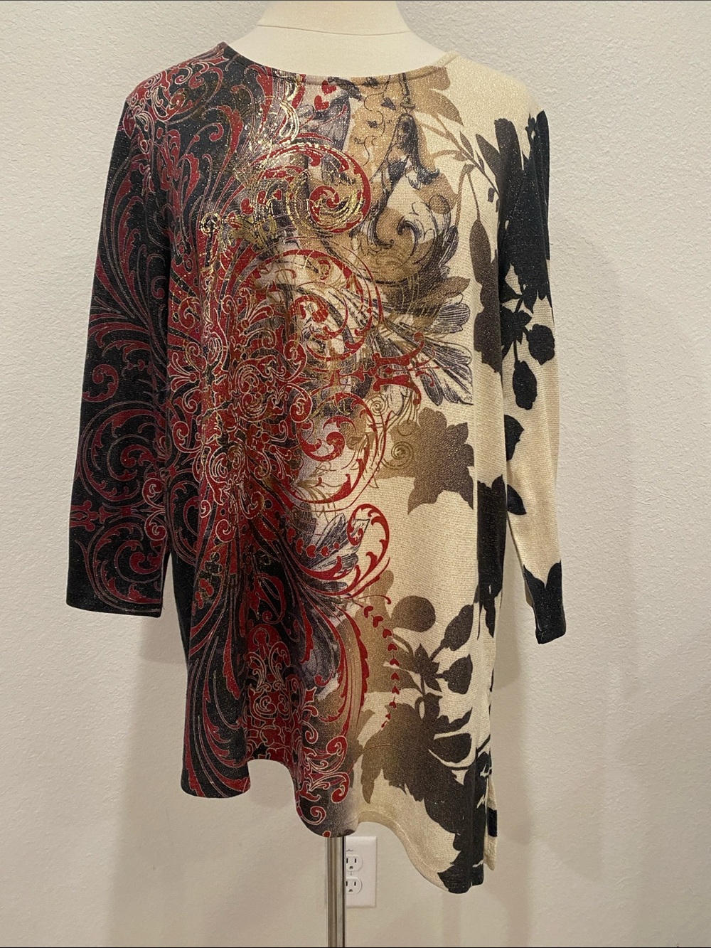 Chico's Asymmetrical Blouse Black, Red & Gold Accent Print